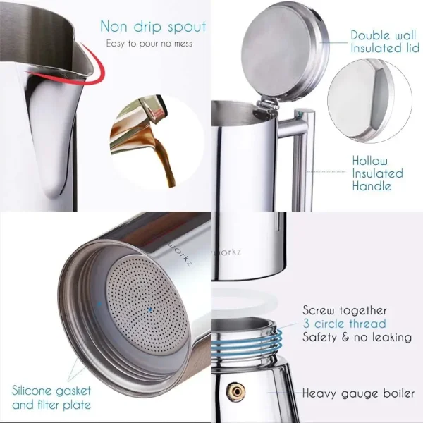 Easyworkz Diego Stovetop Espresso Maker Stainless Steel Italian Coffee Machine Maker 4Cup 6.8 oz Induction Moka Pot - Image 6