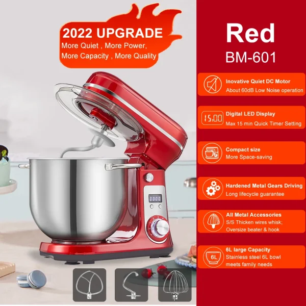 BioloMix Kitchen Food Stand Mixer, Blender, Quiet Motor, Cream Egg Whisk, Whip Dough Kneader, 6-Speed, 1200 W, 6 L, DC - Image 10