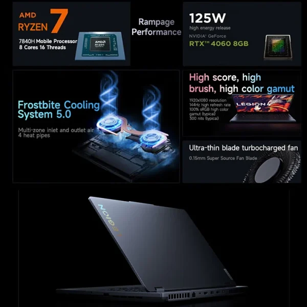 Lenovo Gaming Loptop LEGION R7000 15.6“144Hz AMD Ryzen7 7840H 16/32G DDR5 512G/1TB/2TB Pcie 4.0 SSD RTX4060 Gaming Notebook PC - Image 3