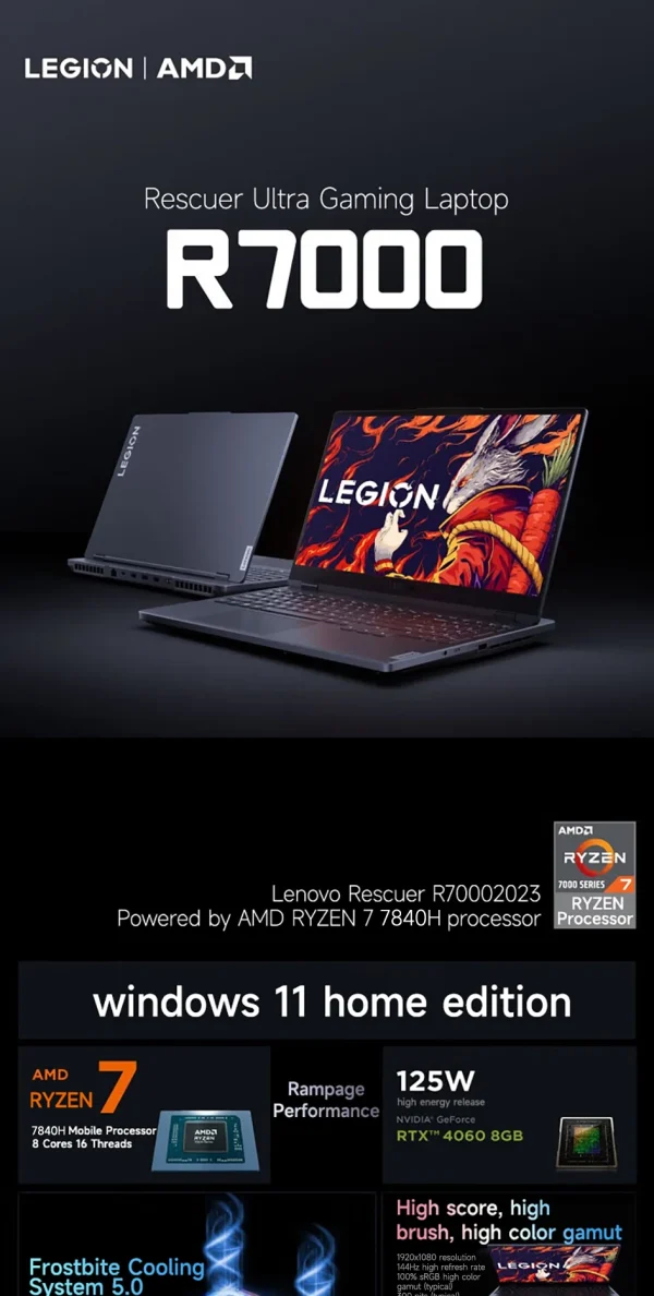 Lenovo Gaming Loptop LEGION R7000 15.6“144Hz AMD Ryzen7 7840H 16/32G DDR5 512G/1TB/2TB Pcie 4.0 SSD RTX4060 Gaming Notebook PC - Image 2