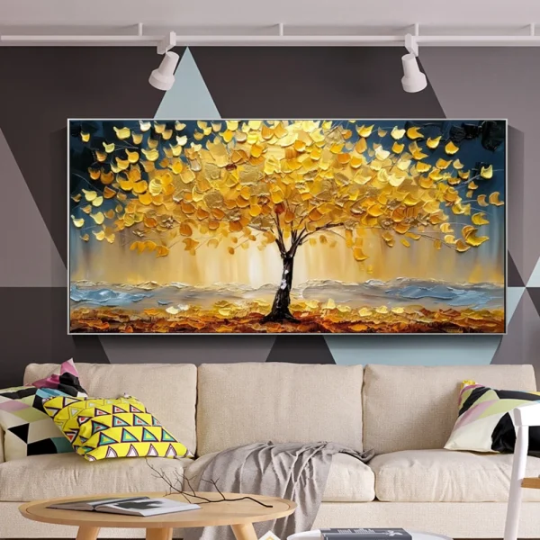 Abstract Golden Tree Prints Oil Painting on Canvas Yellow Life Tree Wall Art Modern Lucky Money Tree Canvas Poster Home Decor - Image 2
