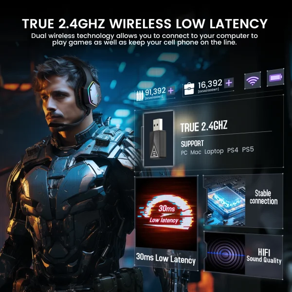 EKSA 2.4GHz Wireless Headphones E1000 WT 7.1 Surround Wired Gaming Headset Gamer with ENC Mic Low Latency for PC/PS4/PS5/Xbox - Image 3
