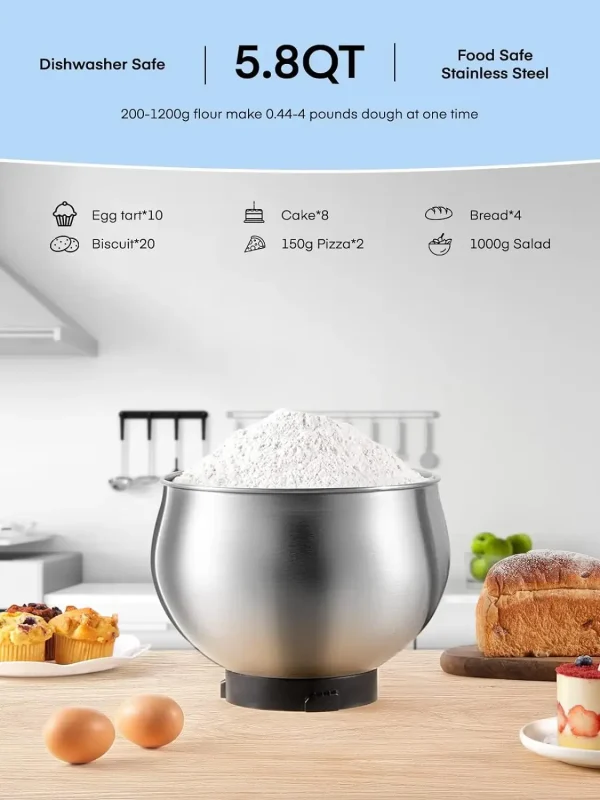 Stand Mixer, 5.8 QT Stainless Steel Mixer with Dough Hook, Mixing Beater, Wire Whip, Dishwasher-safe, 6+P Speeds Tilt - Image 5