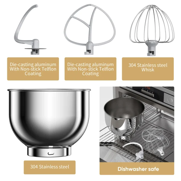 BioloMix Kitchen Food Stand Mixer, 1200W 11-Speeds DC Motor, Digital OLED Screen, Electric Food Mixer with Dough Hook, Whisk - Image 6