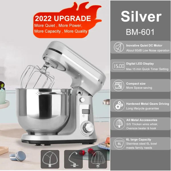 BioloMix Kitchen Food Stand Mixer, Blender, Quiet Motor, Cream Egg Whisk, Whip Dough Kneader, 6-Speed, 1200 W, 6 L, DC - Image 7