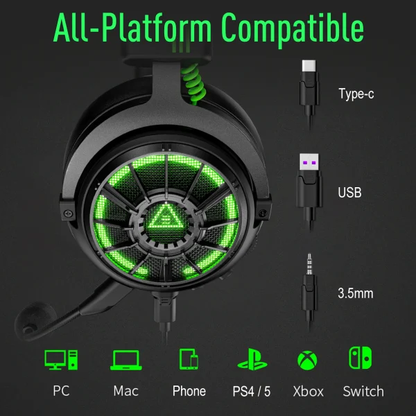 EKSA E5000 Pro Gaming Headphones for PC/PS4/Xbox/Switch, 7.1 Wired Headset Gamer with ENC Mic, USB/Type C/3.5mm Detachable Cable - Image 5