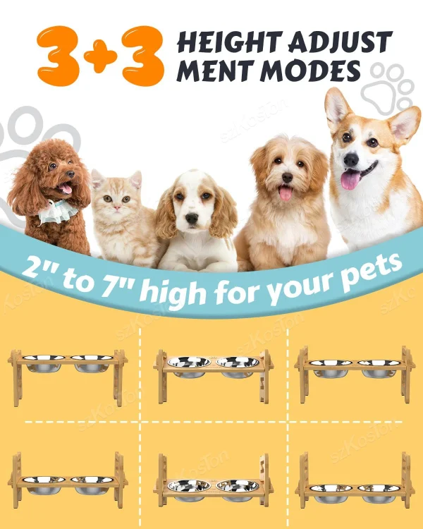 Elevated Dog Bowls Bamboo Tilted Adjustable Dogs Feeder Stand with Stainless Steel Food Bowls for Puppies Cats Pet Accessories - Image 2